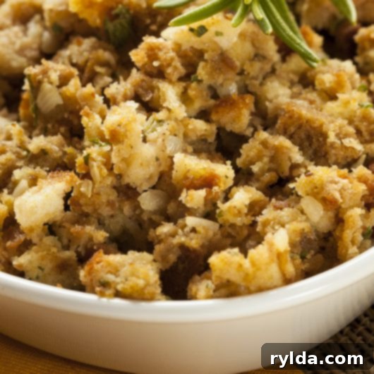 Simple Homemade Stuffing, baked golden brown in a casserole dish.