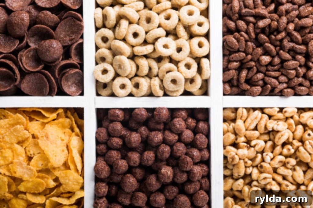 Peanut Butter Crunch Bars 2 Assorted breakfast cereals in bowls, showing a variety of options.