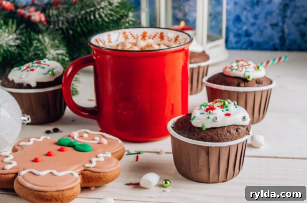 Holiday table with hot cocoa, gingerbread man, and Mocha Chocolate Chip Cupcakes.