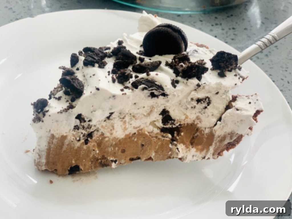 Decadent No-Bake Oreo Chocolate Delight 6 A slice of No-Bake Oreo Chocolate Pie, ready to be enjoyed.