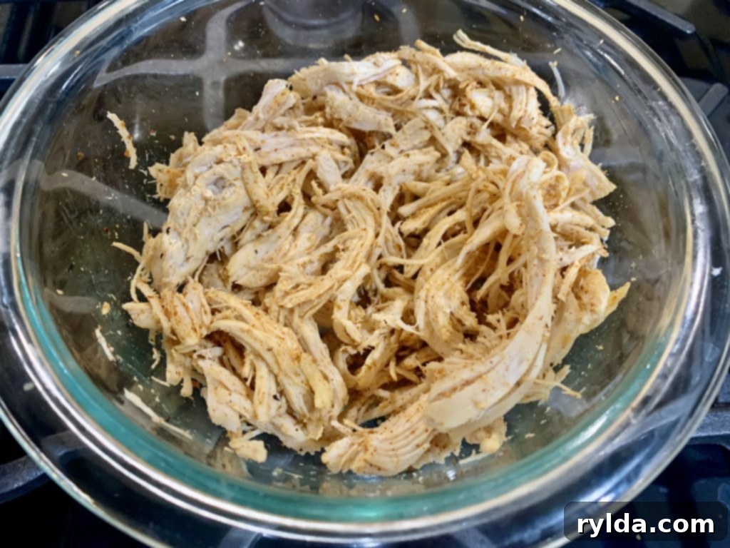 Close-up of shredded chicken breast seasoned with taco seasoning