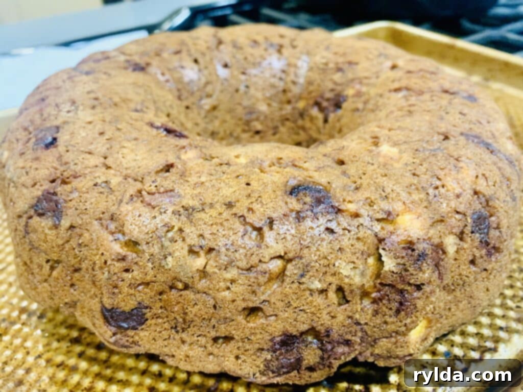 Chocolate Chip Almond Banana Bundt Cake cooling after baking