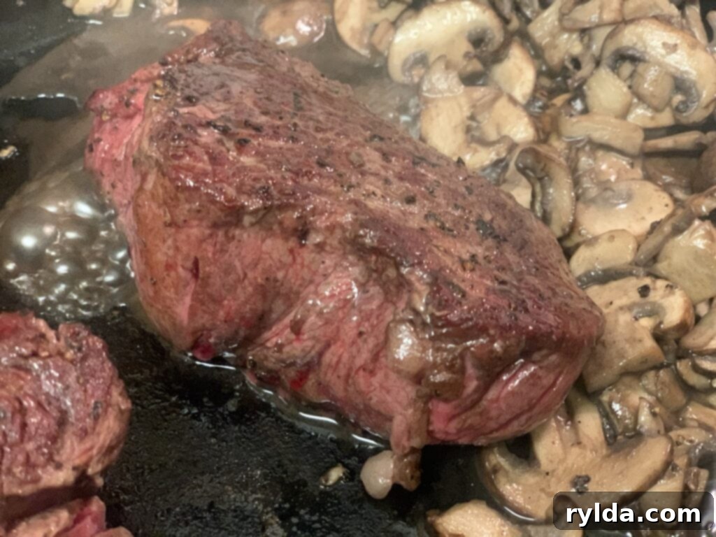 Tender Pan-Seared Filet Mignon with Savory Mushrooms 7 A plated pan-seared filet mignon steak with a generous topping of savory sautéed mushrooms.
