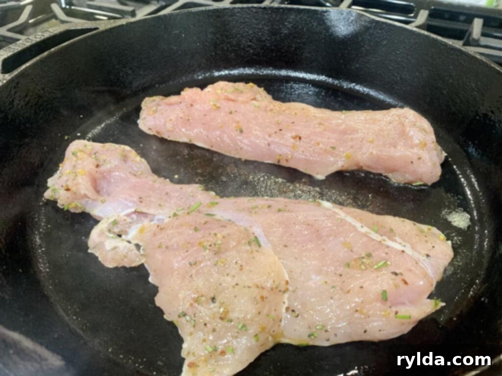 Searing turkey cutlets in a hot pan