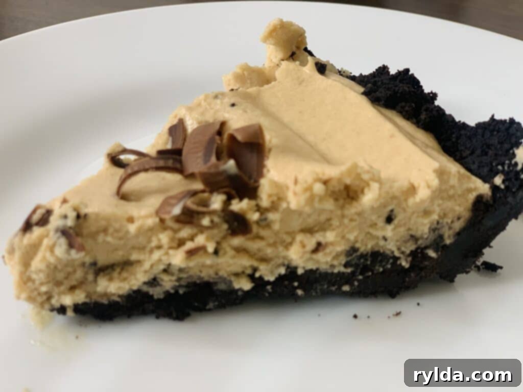 A close-up of a slice of Chocolate Peanut Butter Pie with its rich filling and crust