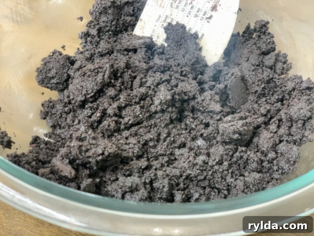 Chocolate cookie crust mixture in a bowl