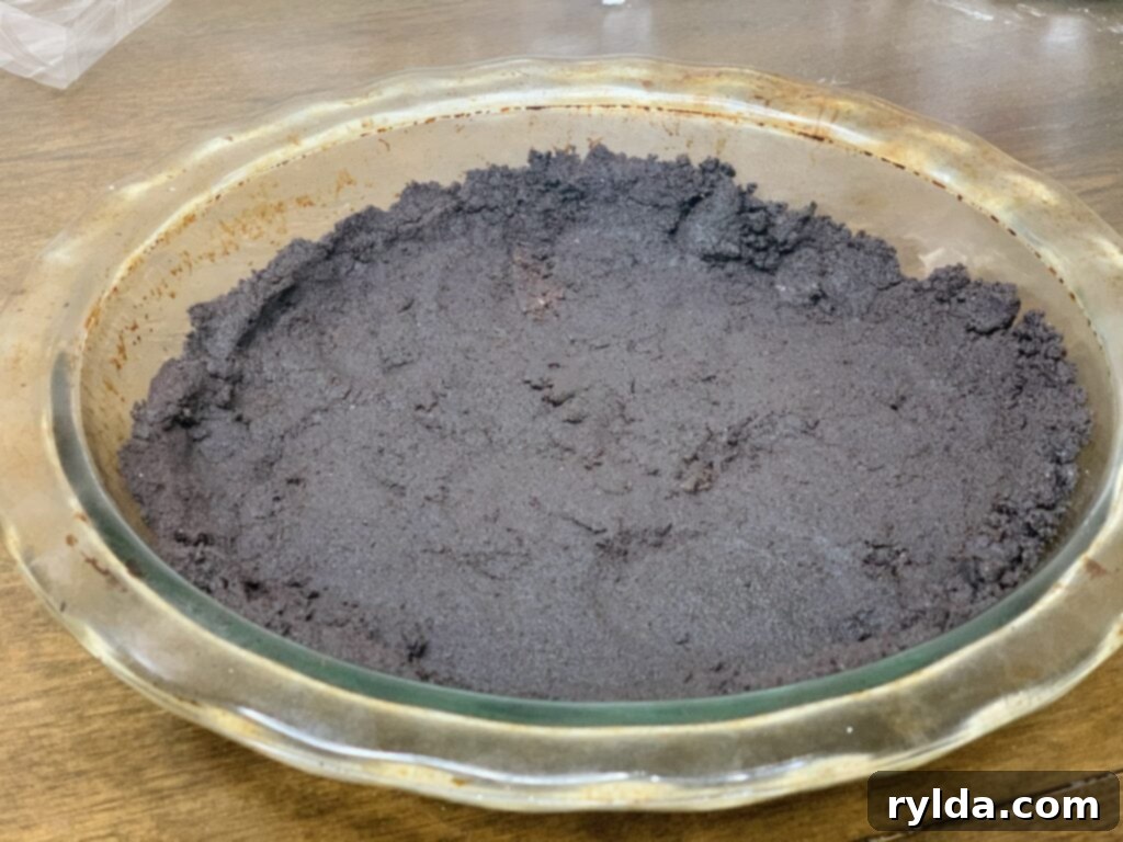 Chocolate cookie crust pressed into a pie pan
