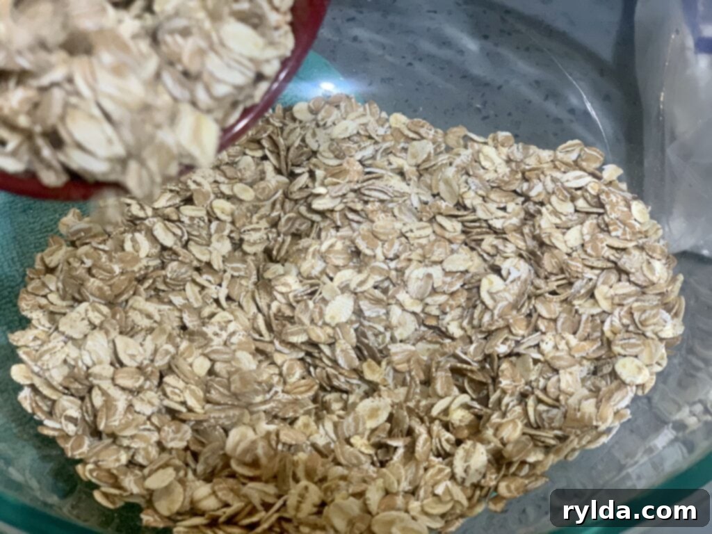 Closeup of old-fashioned rolled oats, a key ingredient for chewy oatmeal cookies.