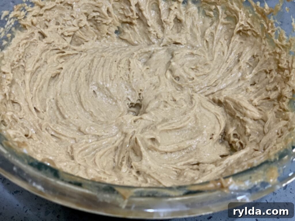 Wet ingredients for peanut butter oatmeal cookies, including butter, peanut butter, sugars, egg, and vanilla, mixed until creamy.