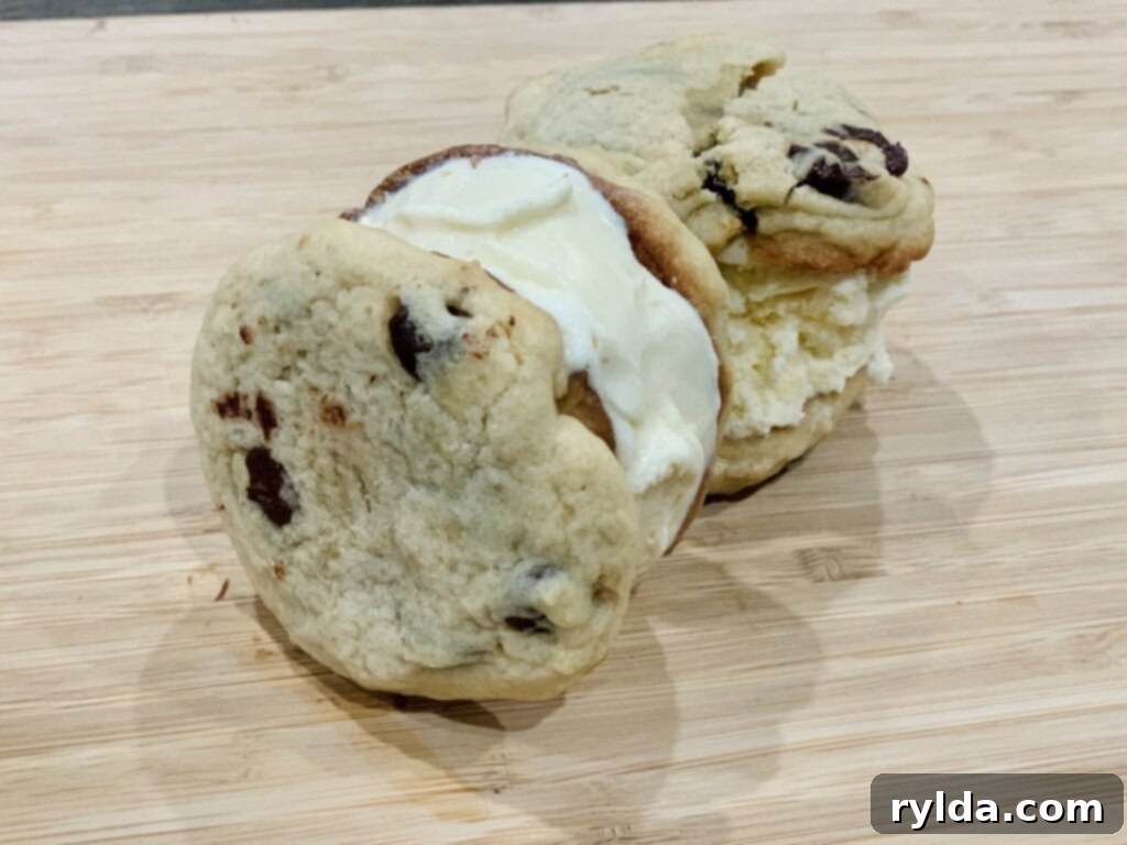 Two finished cookie ice cream sandwiches