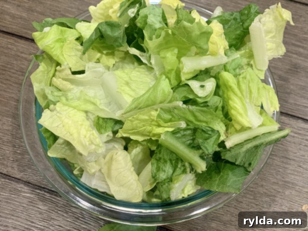 Freshly chopped romaine lettuce in a bowl, ready for Caesar salad