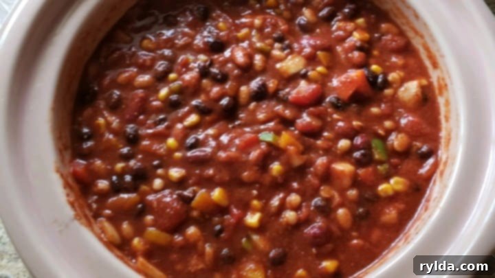 Hearty Slow Cooker Vegetarian Chili 2 Hearty Slow Cooker Vegetarian Chili, packed with beans and vegetables.