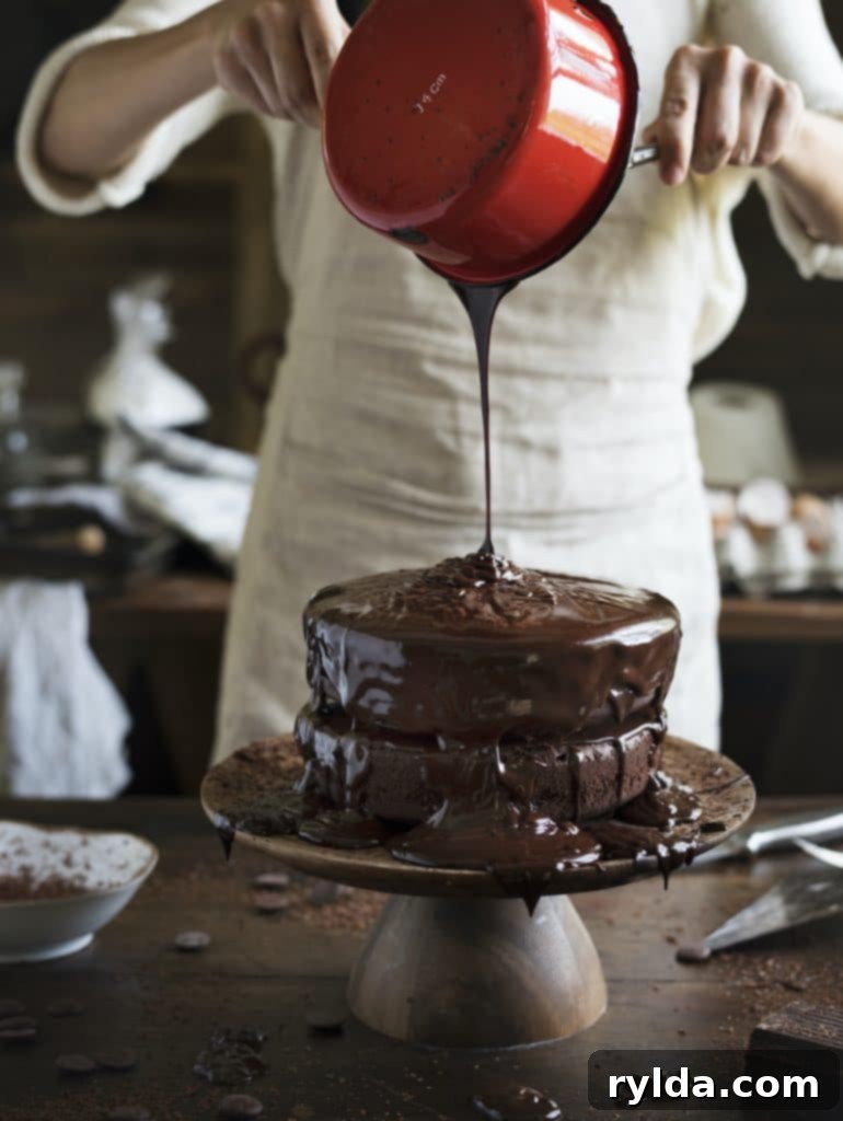 One Bowl Wonder Chocolate Cake 4 Rich homemade chocolate ganache drizzled over a cake, perfect topping for a decadent chocolate cake.