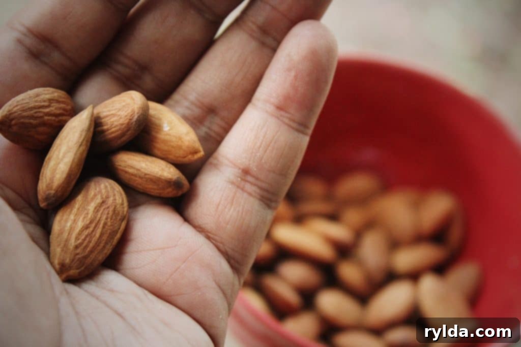 Close-up of fresh, whole almonds.